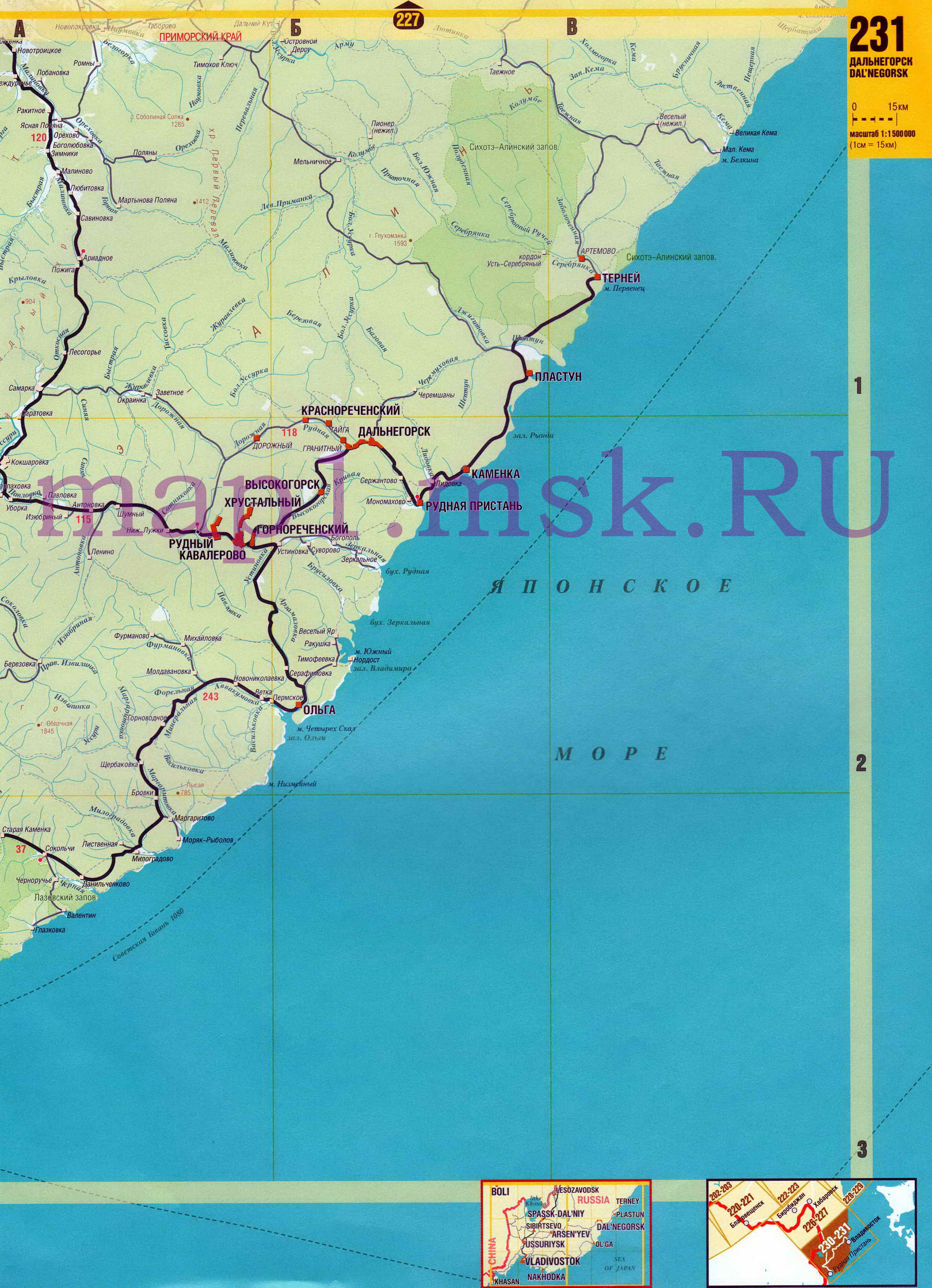 Карта Приморского края. Карта дорог Приморского края России, B0 - 